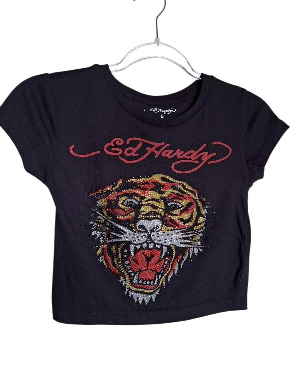Ed Hardy Tiger Head Rhinestone Baby Tee S Cropped Bling Traditional Tattoo Flash